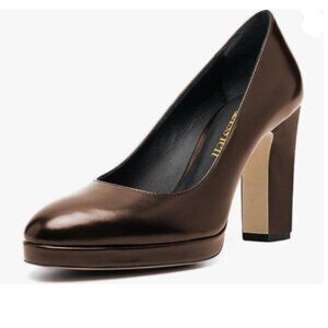 miss left Brown Platform Closed Almond Toe Pumps Classic Slip On Block Heel Shoe